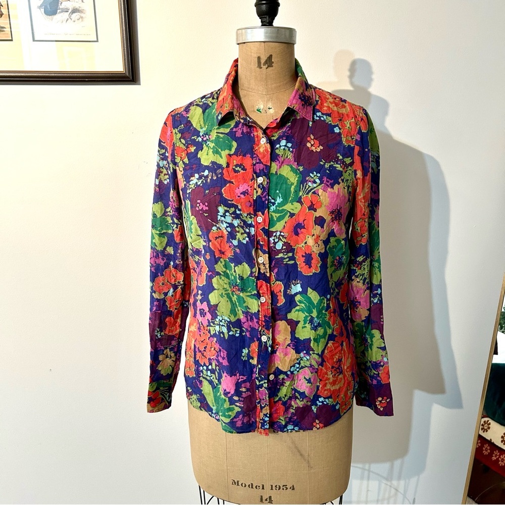 J Crew Women’s Blue Floral Cotton Silk Button Down Shirt Sz 6